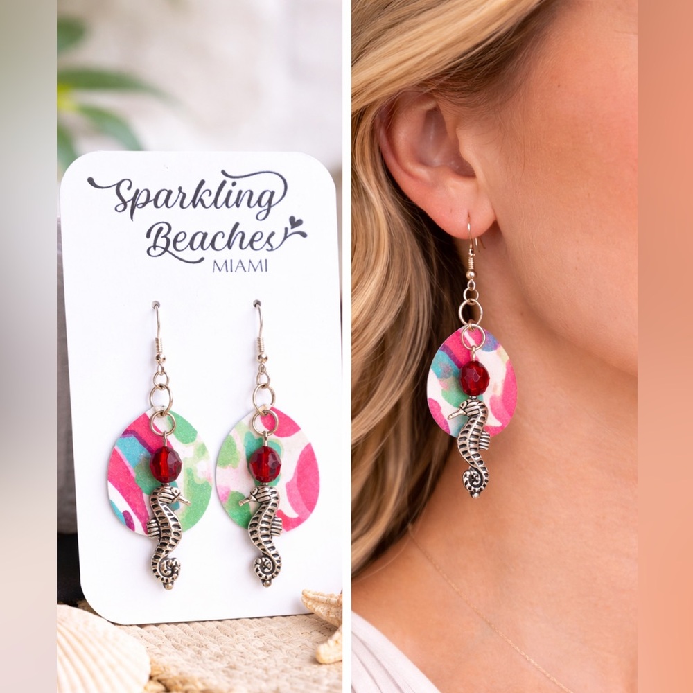 Gold Seahorse Dangle Earrings Tropical Beachy Statement Colorful Summer NWT